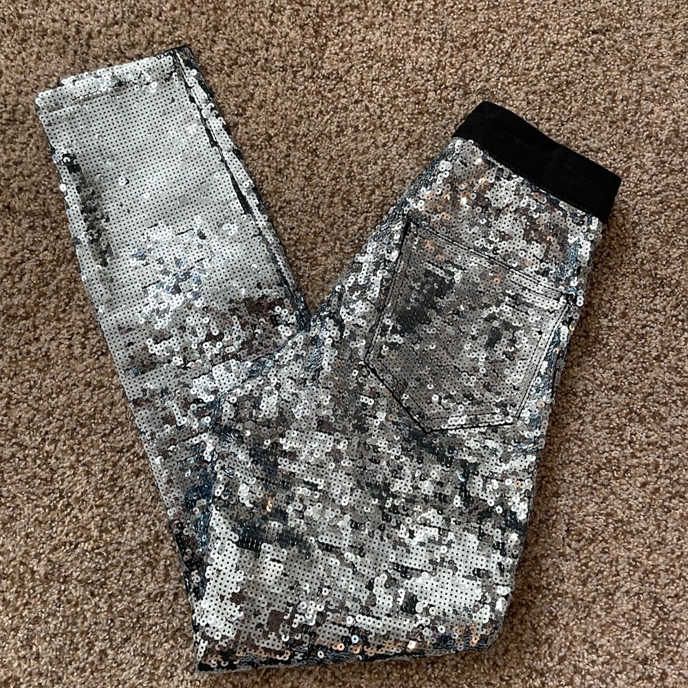 TOPSHOP Moto Joni Sequin Disco Skinny Jeans 25x30 XS 0 00 Silver Black High Rise
